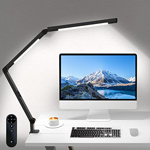 Image of LED Desk Lamp with Clamp, Architect Desk Lamp for Home Office with Remote Control, Swing Arm Clamp on Computer Light, Clip-on Eye-Care Adjustable 5 Brightness Levels Table Light for Working Drafting