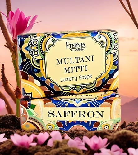 Image of Eternia Multani Mitti & Saffron Soap Bar (250g) Face & Body Cleanser with Waterproof Shower Radio | Natural Bath Combo for Bright, Clear & Radiant Skin