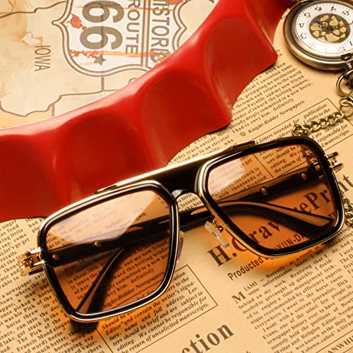 Freckles Mark Trendy Retro Sunglasses For Men Women Classic Stark Vintage Shades 70S Italian Fashion Square Metal Glasses (Yellow Lens/Black Frame, 56) #TOP6