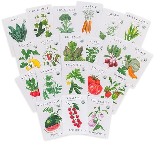 Vegetable & Herb Seeds Sereniseed Certified Organic Vegetable Seed Collection (20-Pack) – 100% Non GMO, Open Pollinated...