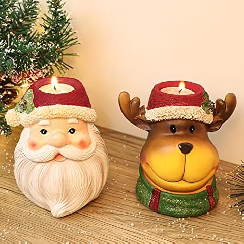 Votive Candle Holders, 2 Pcs Christmas Table Centerpieces Santa Claus Reindeer Figurines Tealight Pillar Candle Holders for Christmas Holiday Ornament Gift on Dining Table Mantelpiece Windowsill Cover