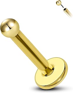 14K Solid Gold Cartilage Earring Stud 16g Yellow Gold Flat Back Helix Stud 14K Gold Threadless Conch Earrings Stud Press Fit Ball Labret Stud Labret Rings