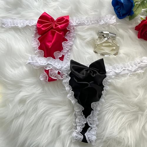 Men's Sexy Sissy Lace Thong Lingerie G-string Underwear T-back Panties With Bow3