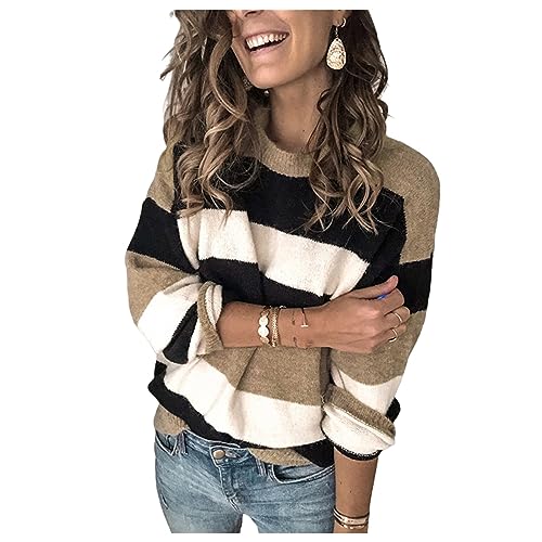 Women's 2023 Fall Stripe Contrast Pullover Sweaters Color Block Long Sleeve Crew Neck Tops Ribbed Casual Loose Blouses
