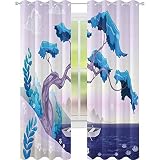 Rideaux occultants imprimés, paysage fantastique, bonsaï, arbre, nénuphar, marguerites et bateau, œillets de 248 x 183 cm, rideaux occultants pour le salon, bleu pâle, lilas