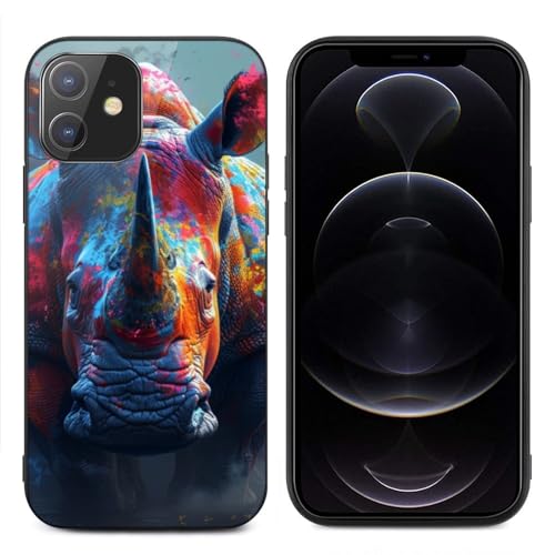 CRIVOTA for iPhone 12 Mini Case - All-New Colorful Rhino Design, Glass Back + TPU Inner Shell, Extreme Slimness, Military-Grade Protection, Precise Cutouts, Cell Phone Cases for Boys Girls