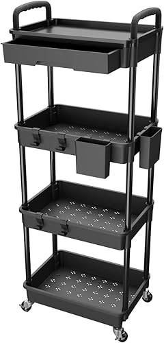 Carrito utilitario de 4 niveles con cajón, hecho de organizador de almacenamiento multifuncional para cocina, baño, sala de estar, oficina (negro)