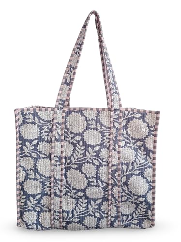 Image of Cotton Tiger Block Print Tote Bag, Indian Handmade Shopping Shoulder Bag, Unisex Market Daily Use