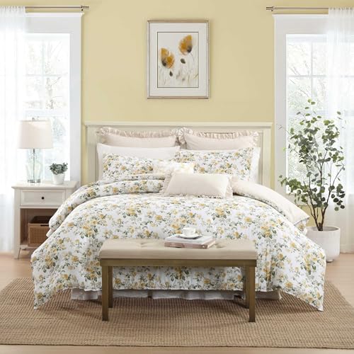 Image of Laura Ashley - Full /Queen Comforter Set, Premium Cotton Bedding with Matching Shams & Bonus Decorative Pillow, Floral Home Decor, Oeko-Tex Certified (Roses Gold, Full /Queen)