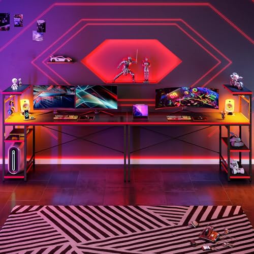 Image of Bestier Gaming Desk with Shelves, 61 Inch Large PC Gaming Table with LED Lights, Led Gamer Desk with 4 Tiers Reversible Storage Shelves for Game & Bedroom Room (Black Grained)