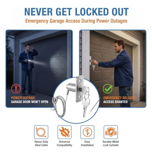 Image of MorningRo 2 Set Garage Door Emergency Key Release Lock Kit with Cable, Universal Manual Opener Emergency Access Lock Cylinder Replacement with Keys and Hardware for Automatic Garage Doors