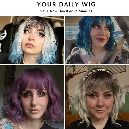 Image of Rose bud Wavy Bob Wig with Bangs Synthetic Natural Wig Short Curly Wigs for Women Thick Ombre Silver to Blue