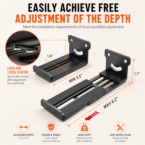 Image of Universal Soundbar stand Wall Mount Bracket, Adjustable Depth 90-145mm (3.5-6.1 in), Heavy Duty Carbon Steel, Holds Up to 15kg, Under TV Mount for All brand Soundbar Mount Speaker Stand Black