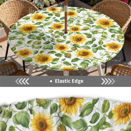 Yesad Round Outdoor Tablecloth with Umbrella Hole, Zippered Fitted Tablecloth with Elastic Edge, Waterproof Table Cloth Tablecover for Picnic Party Fits 49"-52" Round Table, Sunflower by Yesad - Used condition - Image 5