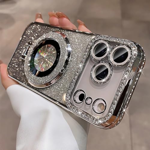 Coque magnétique iPhone 15 argentée avec support bague et strass brillants