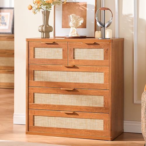 Image of LEYAOYAO Rattan Dresser Set 2 for Bedroom, 33.5 inch Small Chest of Drawers | Gold Metal Handle, Modern 5 Drawers Boho Dressers with Storage for Living Room, Hallway