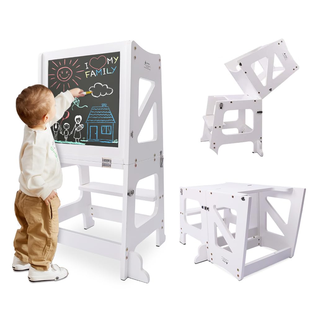 2in1 Lernturm Kinder Tritthocker Lernstuhl Kinderhocker Faltbarer Kinderschemel für Baby,mit doppelseitiger magnetischer Tafel,Umweltschutz,Küchen-/Badezimmerhelfer (Weiß)