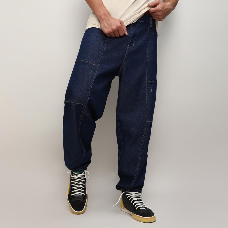 Image of CAHOOT Men's Cargo Denim Jeans for Everyday Wear | Dark-Wash | Button Closure |Regular Fit | Oversized Fit | Denim Jeans Crafted with Comfort Fit for Everyday Wear