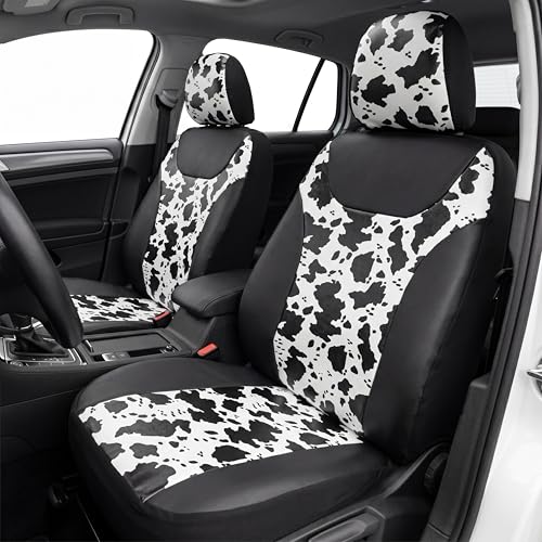 Image of AUTOFAN Cow Print Car Seat Covers Full Set, PU Leather Interior Combo with 2 Front Seat Covers, 4 Floor Mats, Steering Wheel Cover, Seat Belt Pads & Cup Holder Coasters, Universal Fit