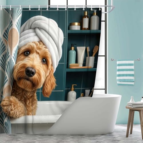 Image of Funny Dog Shower Curtain, Cute Fun Dogs in Bathtub Teal Blue Shower Curtains, Animal Puppy Hilarious Bath Curtain Polyester Fabric with 12 Hooks 60x72 Inch