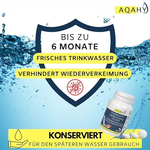 AQAHY Trinkwasseraufbereitung ohne Chlor (100 Tabletten) - reicht für 2000 l Wasser - Inaktiviert Keime, Viren und Bakterien - konserviert Trinkwasser - Notvorrat, Blackout, Notfallrucksack