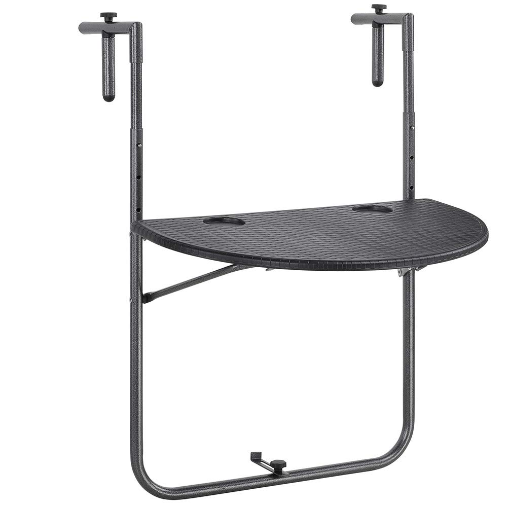 BAKAJI Tavolo Pieghevole da Ringhiera Esterno Balcone Altezza Regolabile Metallo Polyrattan Portabicchieri 60x64cm Nero
