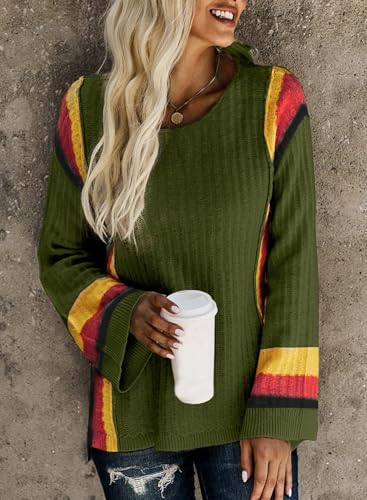 Image of Dokotoo Womens 2026 Spring Summer Casual Crewneck 3 /4 Sleeve Striped Lightweight Knit Trendy Boho Tops Pullover Sweaters