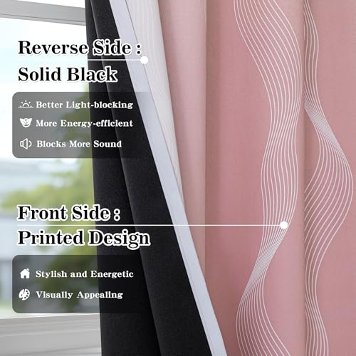 Image of MYSKY HOME Pink and Greyish White 95% Blackout Ombre Curtains 90 inch Long 2 Panels for Girls Bedroom Geometric Pattern Black Out Thermal Insulated Wave Line Foil Print Grommet Window Curtains, 52 inch W