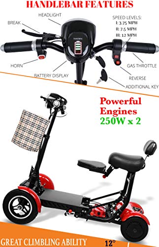 Foldable Mobility Scooter for Adults and Seniors, Lightweight & Long Range Four Wheel Mobility Scooters (Red) - Thumbnail 4