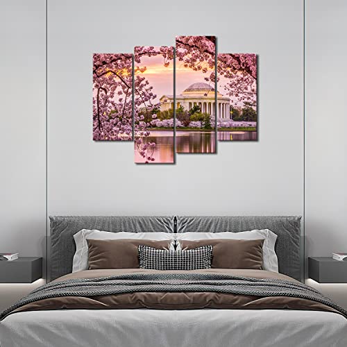 My Easy Art- Washington Wall Art Decor Jefferson Memorial Surrounded By Cherry Blossoms Canvas Pictures Artwork 4 Panel Spring Landscape Painting Prints For Home Living Dining Room Kitchen #TOP5