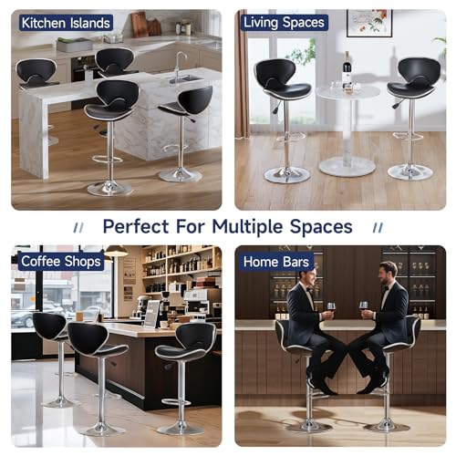 Bar Stools Set of 2, Adjustable Swivel Barstools for Kitchen Counter, Modern PU Leather Counter Height Bar Chair with Back and Footrest for Kitchen Island Dining Room Café Pub (Black)