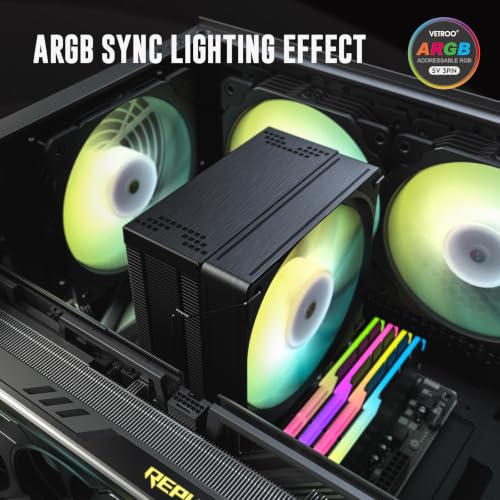 Image of Vetroo V5E CPU Air Cooler with Brushed Finish Design & 5 Heat Pipes, 120mm FDB & PWM Fan, ARGB LED Lighting Sync Cooling for Intel LGA 1851 /1700 /1200 /115X AMD AM5 /AM4 - Black