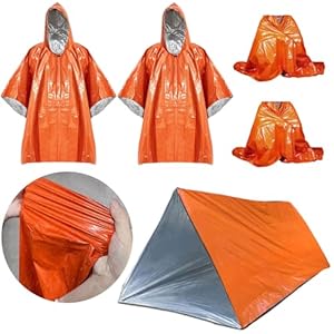 Emergency Poncho (2 Pack), Emergency Blanket (2 Pack), Double Survival Tent, With Mylar Blanket Liner, Thickened Double Sided Survival Kit for Emergency Preparation and Outdoor Activities