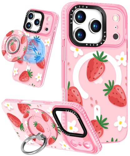 Lotadilo Case for iPhone 17 Pro Case Compatible with Magsafe Ring Holder Stand - for Women Strawberry Flower Design TPU Phone Cover for Girls Girly Funny Fashion