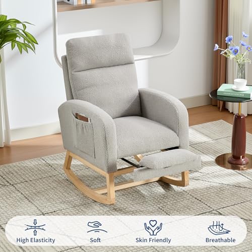 Image of Rocking Chair Nursery, Nursing Rocking Chairs with Foot Rest for Mom Nursery,Rocker Glider Chair with High Backrest for Living Room, Bedroom, Upholstered Lounge Chair with Solid Wood Base for Relaxin