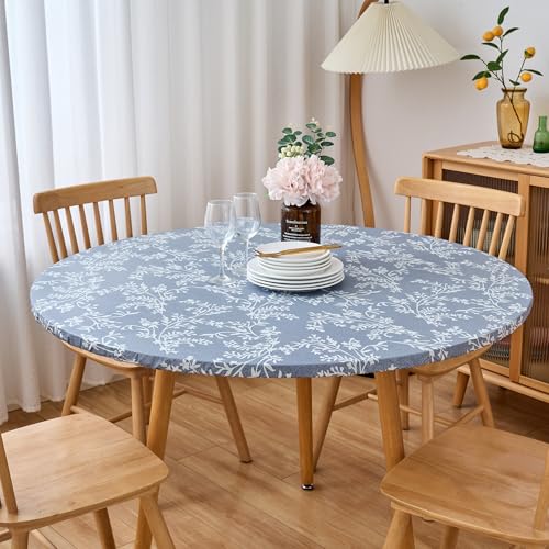 LIBERECOO Round Fitted Tablecloth with Elastic, Flannel Backed Vinyl Tablecloths for 40" - 44" Tables, Waterproof Wipeable Reusable Plastic Table Cloth for Indoor & Outdoor, Light Wash Denim by LIBERECOO - Used condition - Image 8