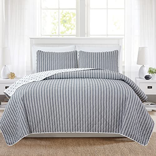 Market & Place 2 Piece Reversible Quilt Set with Sham | All-Season Soft & Lightweight Bedspread with Modern Striped Pattern | Nora Collection (Twin, White/Grey) by Market & Place - Used condition - US$29.05