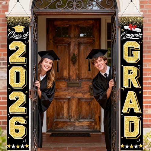 Image of PARTY KNIGHT Graduation Decorations 2026 - Black and Gold Graduation Banner Class of 2026 Congrats Grad Party Supplies Decorations Door Banner 2026 for Graduation Decor
