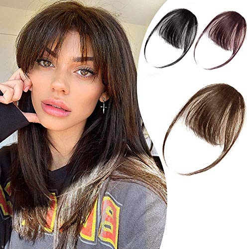 DARANA Clip in Bang 100% Real Human Hair Extention for Women Clip on Fringe Bangs with Nice Net Natural Flat Neat Bangs (light brown)
