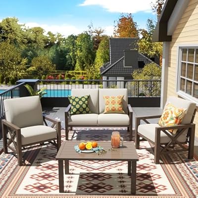 NATURAL EXPRESSIONS Patio Furniture Sets, 4 Pieces Outdoor Furniture Modern Metal Patio Sectional Sofa Conversation Set,2 Motion Rocking Chairs,6.5" Olefin Cushions for Yard,Porch,Poolside