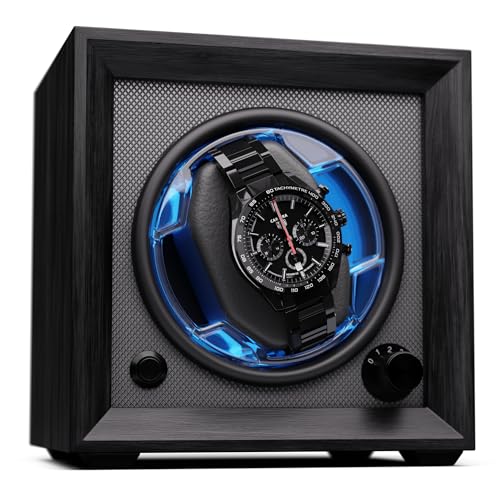 KLARSTEIN Remontoir de Montre Automatique pour 1 Montre, avec Porte en Acrylique, LED Bleues, 4 Réglements TPJ
