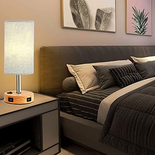 USB Bedside Table Lamp, Bedside Table Lamp with Dual USB Charging Port, Elegant Modern Bedroom Lamp, Fabric Shade & Nightstand Desk Lamp Bedside Lamp Perfect for Bedroom, Living Room or Office (Beige)