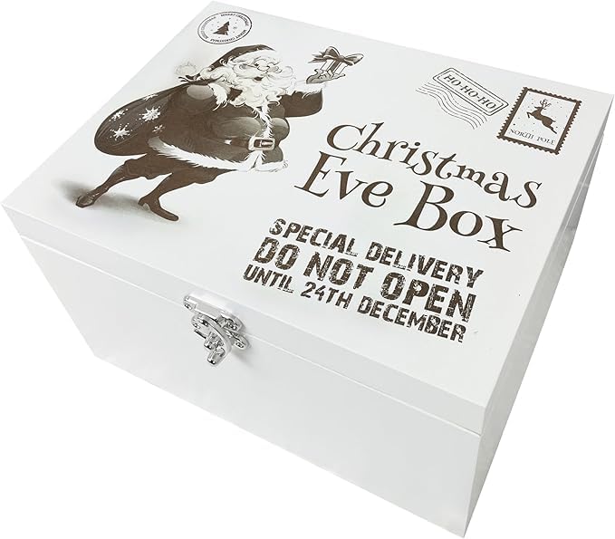 The Lovely Keepsake Company Festive Santa Engraved Christmas Eve Box | Reusable White Pine Wooden Box with Metal Hinges & Clasp | Perfect for a New Xmas Family Tradition | 30cm x 23cm x 18cm