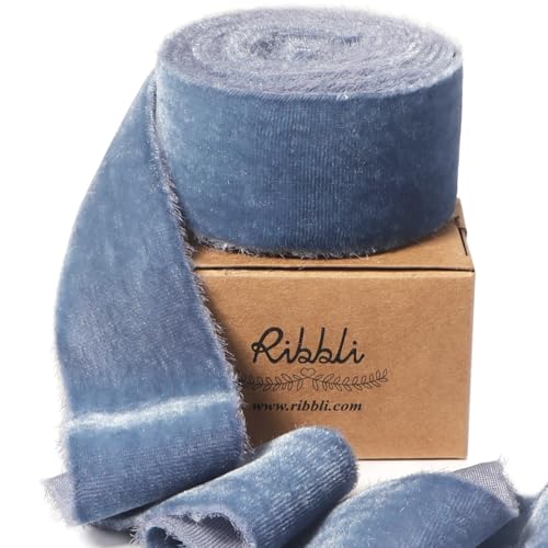 Ribbli Dusty Blue Velvet Ribbon 1.5 Inch Handmade Frayed Vintage Christmas Ribbon for Gift Wrapping Christmas Tree Ornament Wreath Craft Home Decor -3 Yards