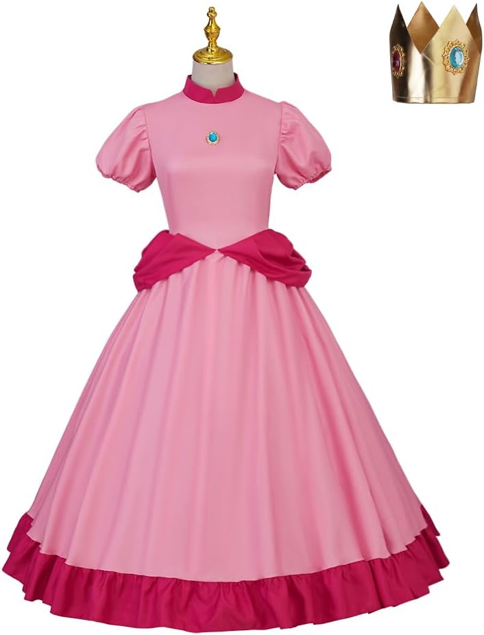 RocailleCos Adult Pink Princess Cosplay Costume Pink Dress with Crown Halloween Party Outfits for Women
