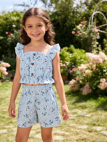 Image of Kids Toddler Girls Summer Clothes Button Design Striped Tank Top + Floral-Print Elastic Shorts 2 Piece Outfits