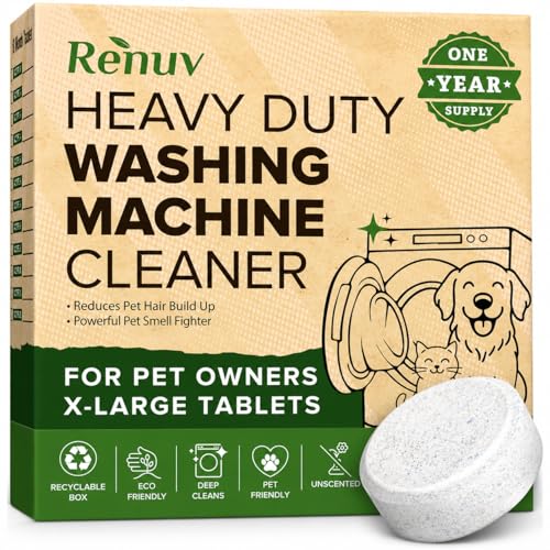 Renuv® Heavy Duty Washing Machine Cleaner For Dog & Cat Hair, Stink, Odor, Residue, Grime - For Front Load or Top Load Washer. HE and Septic Safe For Pet Owners. (12 XL Tablets - 1 Year Supply)
