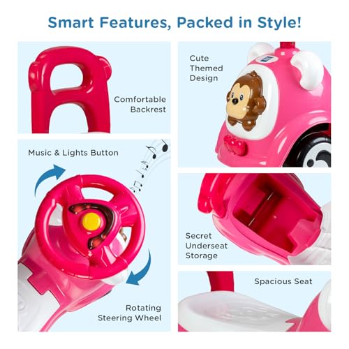 Image of Mee Mee Safari Cruze Ride on for Kids with Light Button,Music & Horn Steering, Push Car for Baby with Backrest, Safety Guard, Under Seat Storage & Big Wheels, for Kids 1-3 Yrs Upto 25 Kgs (Pink)