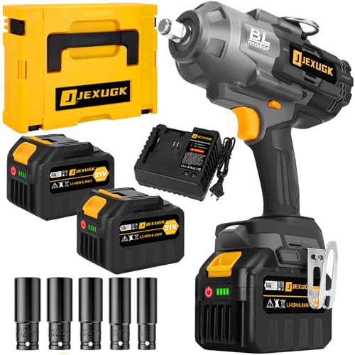 Image of JEXUGK 1500Ft-lbs 1/2" Cordless Impact Gun, 2000Nm Impact Wrench with 2 x 6.0Ah Battery & 5 Socket, 21V Brushless High Torque Electric Pistolas de Impacto, Llave de Impacto for Heavy Truck Mower