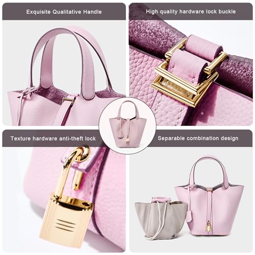 Genuine Leather Lock Design Bucket Bag Vegetable Basket for Women, Ladies' Versatile Shoulder Handbag4